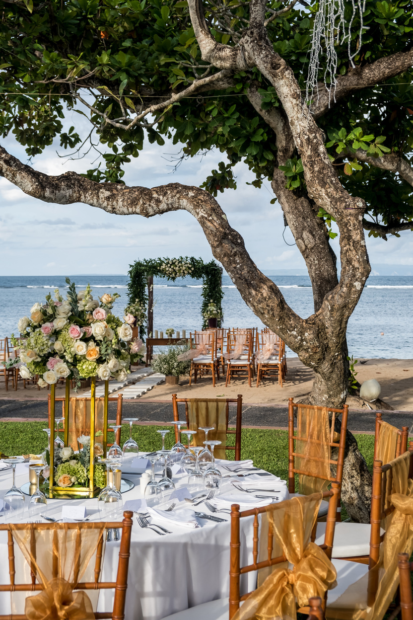 Wedding outdoor table set up. Beautiful garden wedding venue